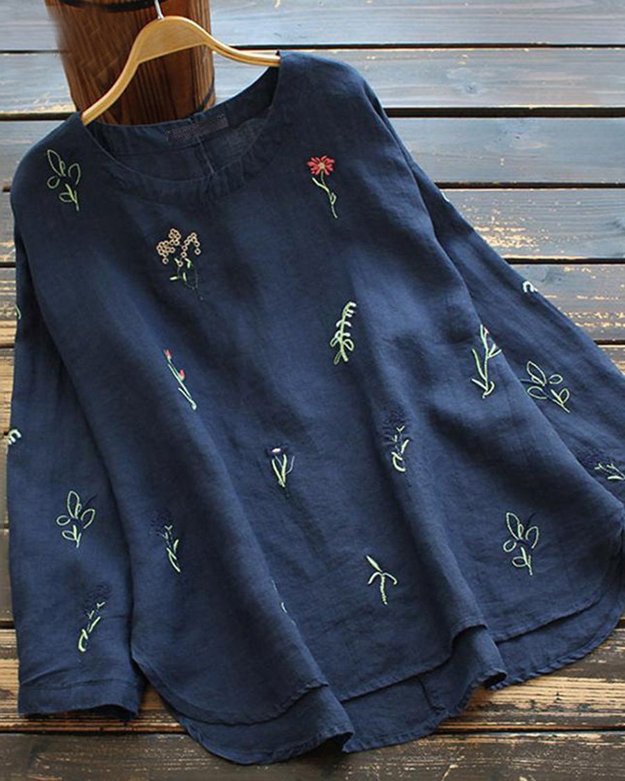 Cotton Linen Casual Loose Irregular Embroidery Round Neck Top