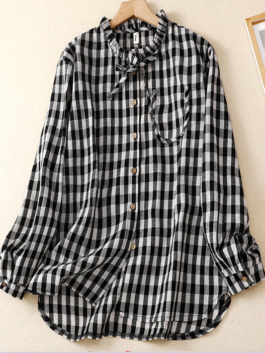 Cotton Linen Plaid Fungus Lace Up Loose Shirt