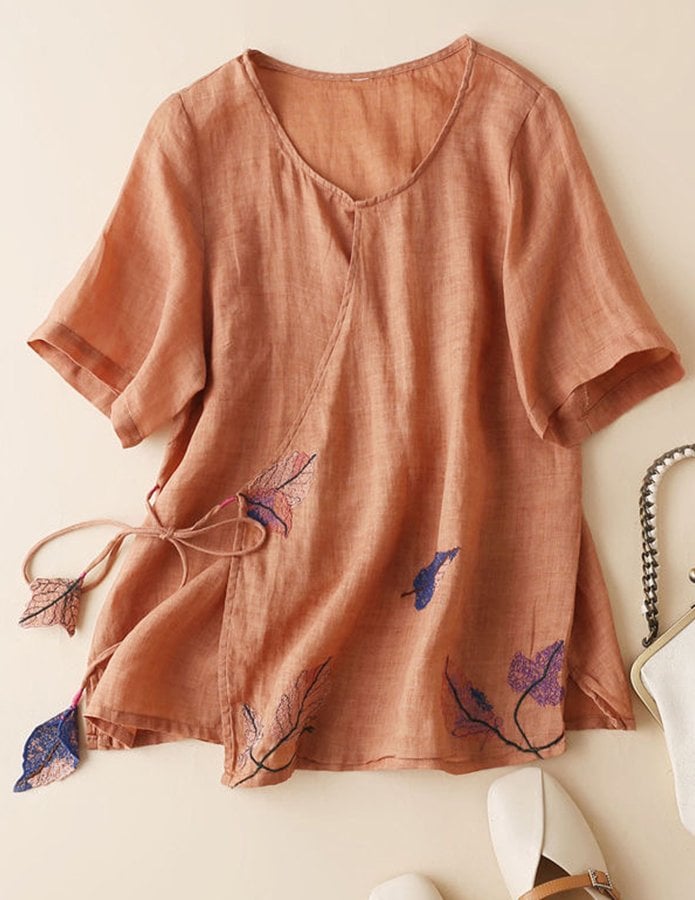 Women's Vintage Embroidery Lace Up Cotton Linen Shirt