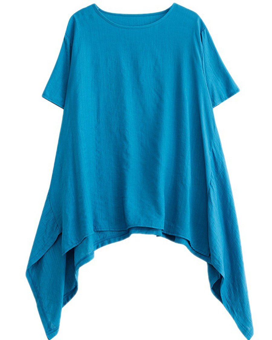 Cotton And Linen Irregular Round Neck Loose Casual Top