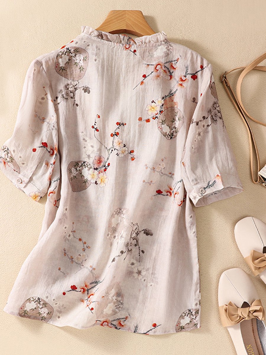 Cotton And Linen Lace Up Fungus Versatile Short Sleeve T-shirt