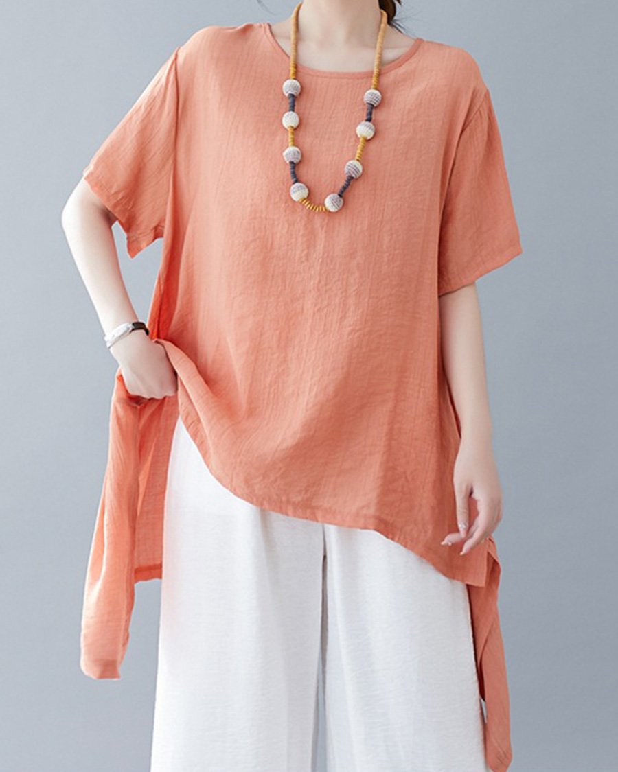 Cotton And Linen Irregular Round Neck Loose Casual Top