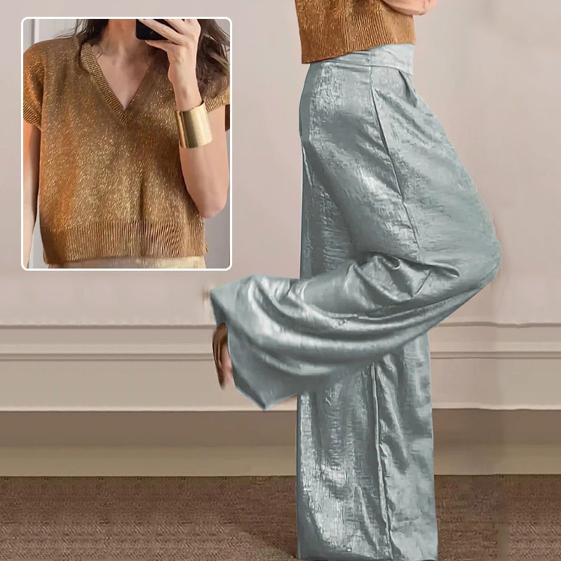 Casual Short-Sleeve Top & Wide-Leg Pants Two-Piece Suit