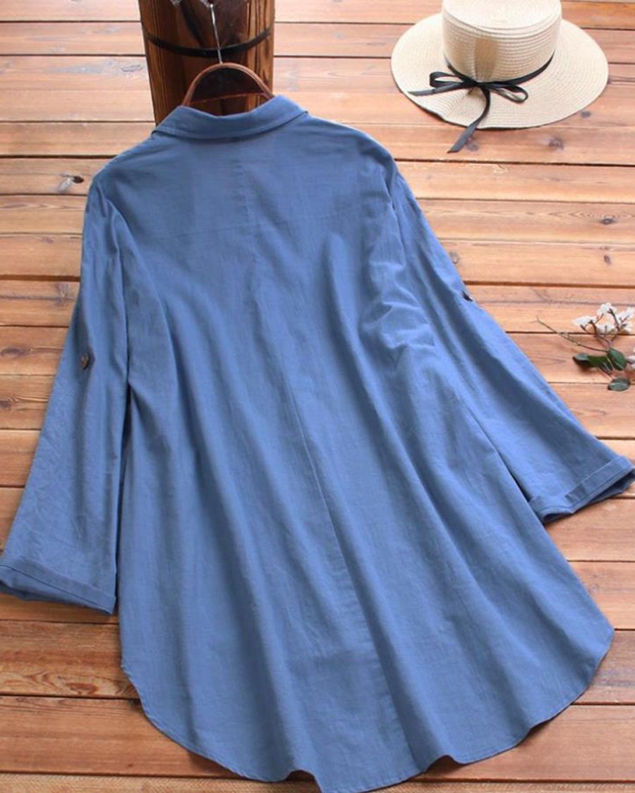 Cotton And Linen Irregular Printed Long-sleeved Lapel Shirt