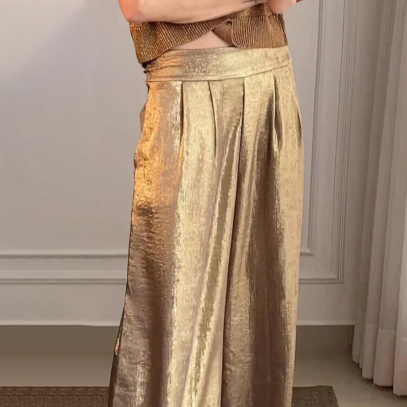 Casual Short-Sleeve Top & Wide-Leg Pants Two-Piece Suit